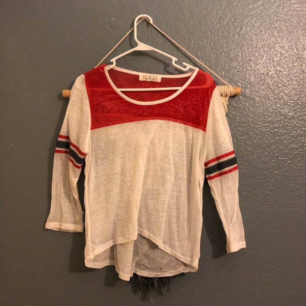 white, red and navy shirt